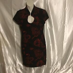 Red Black Short Sleeve Japan Chinese Dragon Mini Keyhole Front Dress L